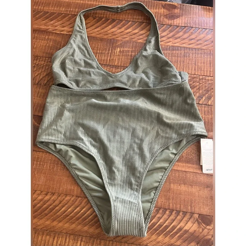 NWT Aerie FULL SET Shine Rib Halter Top + High Waisted Cheeky Bottom Olive 🫒 M